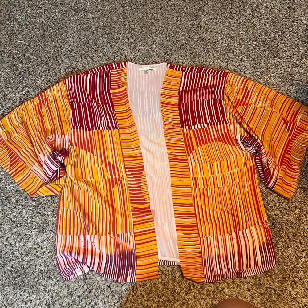 Cabi Kimono Duster M Red Orange Colorful Striped Open‎ Front Coverup